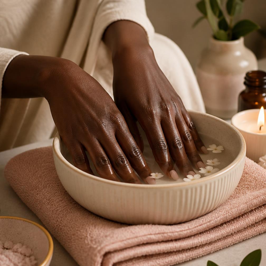Pedicure setting with rose petals and blush polish