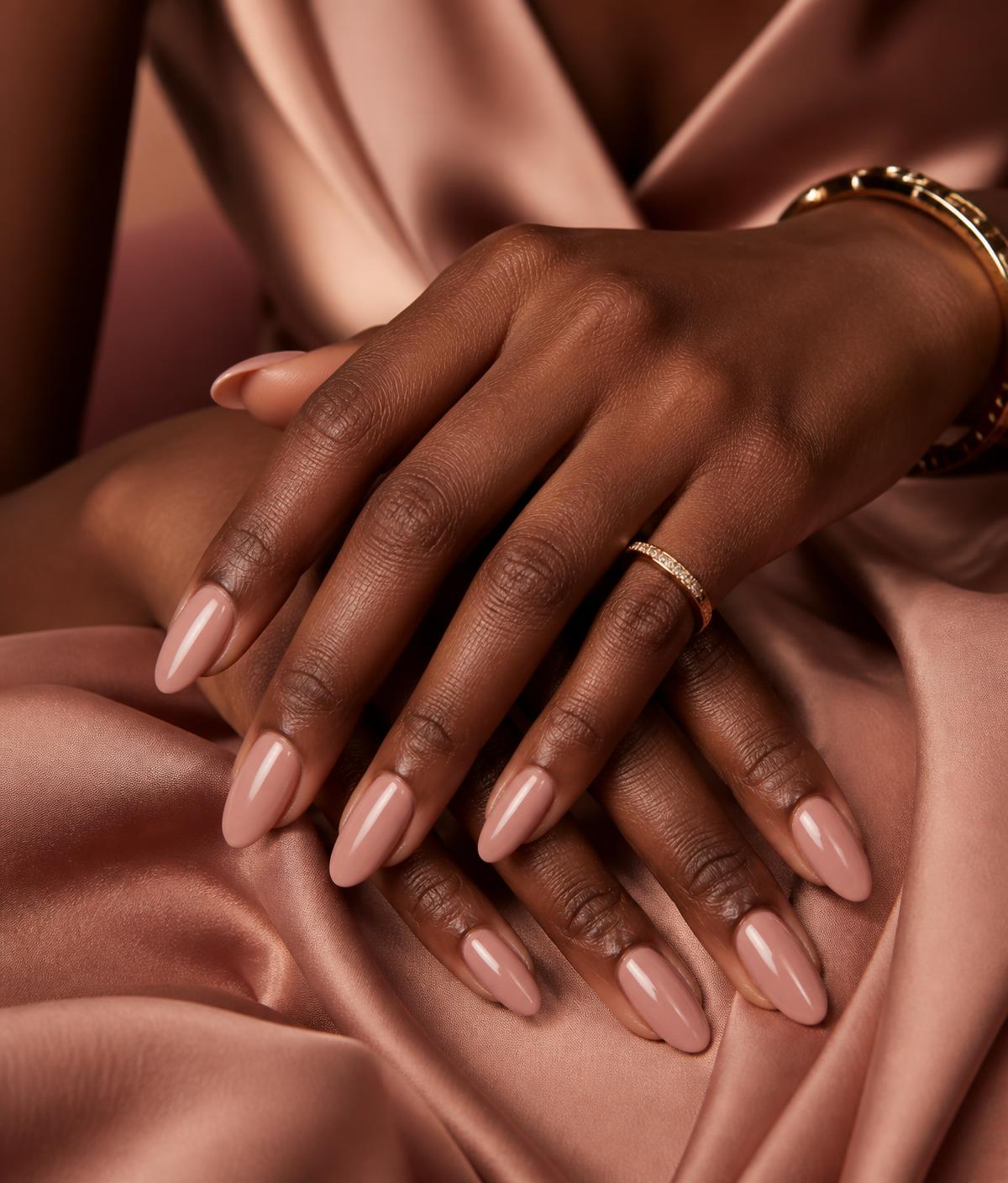 Hands with a glossy nude-pink gel manicure resting on cream silk